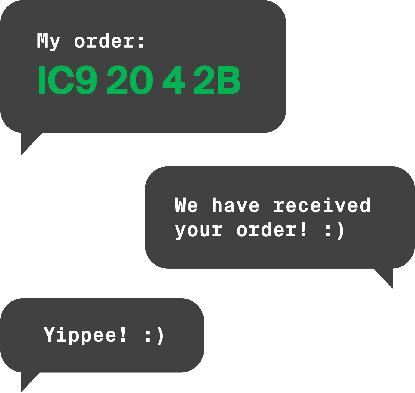 The message should be like the following example: "IC9 20 4 2B". You will get a confirmation message once we have received your order.