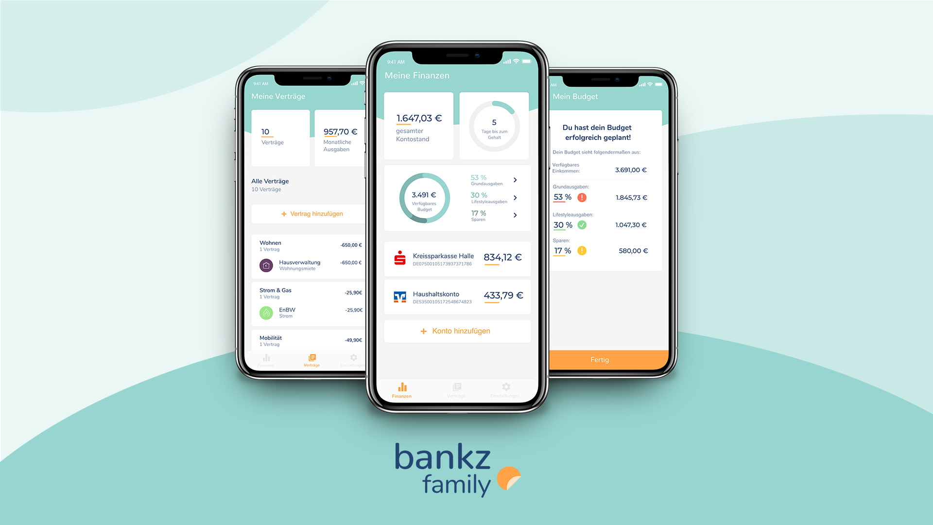 Drei Screens von der bankz family Mobile App