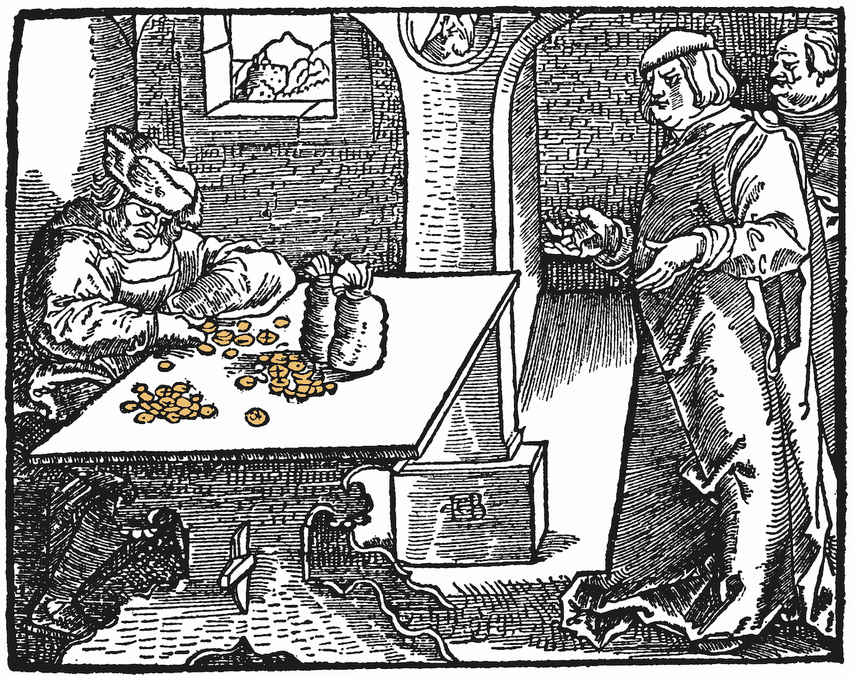 A money changer counts gold and silver coins in a woodcut by Hans Baldung (1485–1545). Baldung, an assistant to Albrecht Dürer, was an influential artist of the German Renaissance. During Baldung’s lifetime, Europe experienced a period of inflation known today as the “Spanish Price Revolution,” a period of sharply rising costs resulting from the Spanish and Portuguese empires importing massive amounts of gold and silver from their newly conquered territories in the Americas. A rapidly expanding monetary base, combined with urban populations rebounding from plagues of the prior centuries, drove inflation levels that had a disruptive impact on European societies.