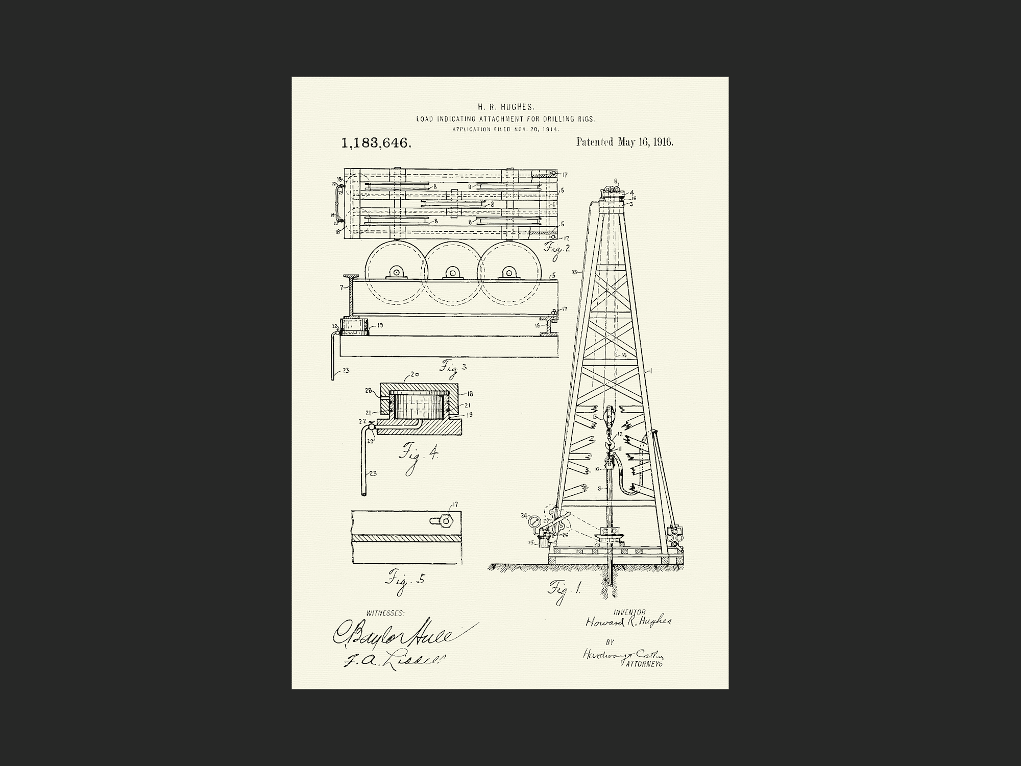 A 1914 patent secured by Howard R. Hughes Sr., CEO of the Sharp-Hughes Tool Company, for a drilling rig load indicator. At the time of filing, Sharp-Hughes was expanding rapidly due to the success of the company’s two-cone rotary drill bit, which revolutionized oil drilling in the US. Later renamed the Hughes Tool Company, the firm served as the financial foundation for Hughes’ more famous son to develop his business empire. Hughes Tool Company is a corporate ancestor of Baker Hughes (NYSE: BKR), which announced second-quarter earnings this week, registering below consensus forecasts, despite a 14 percent year-over-year growth in oilfield services revenues.