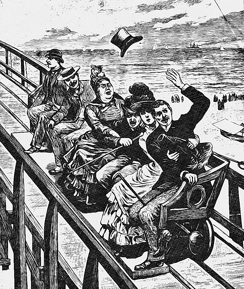 The first purpose-built roller coaster was open to the public in Coney Island Brooklyn in 1884. Designed by LaMarcus Adna Thompson, the ride was known as the “Gravity Switch-back Railway.” In 1885 Thompson’s competitor Phillip Hinkle introduced the “Gravity Pleasure”, the first rollercoaster to use mechanical lifts and the first to seat passengers facing forward rather than sideways.