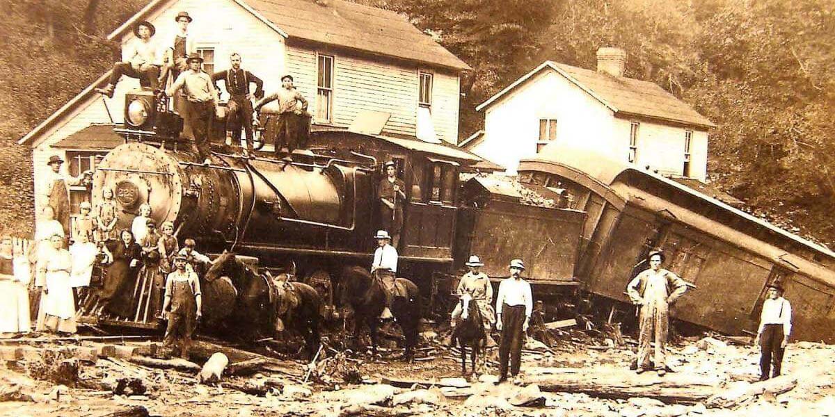A sudden flood pushed this train off its rails in Kanawha County, West Virginia, in August of 1916. Seventy-one people perished, and over 900 homes were destroyed in the disaster.