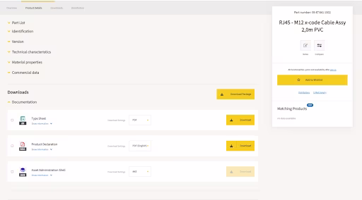 Visual - Product information categories with expandable details, followed by the reformatted downloads section with clear CTAs
