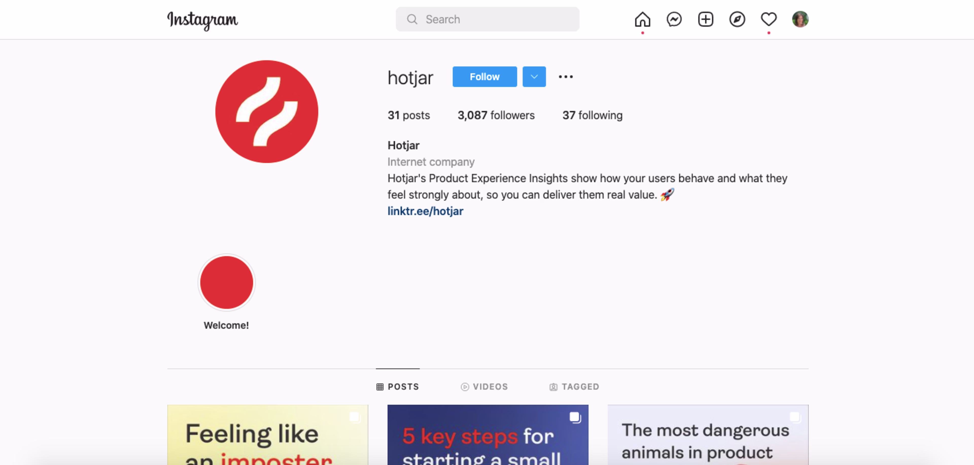 Hotjar’s Instagram account when viewed on a desktop computer.