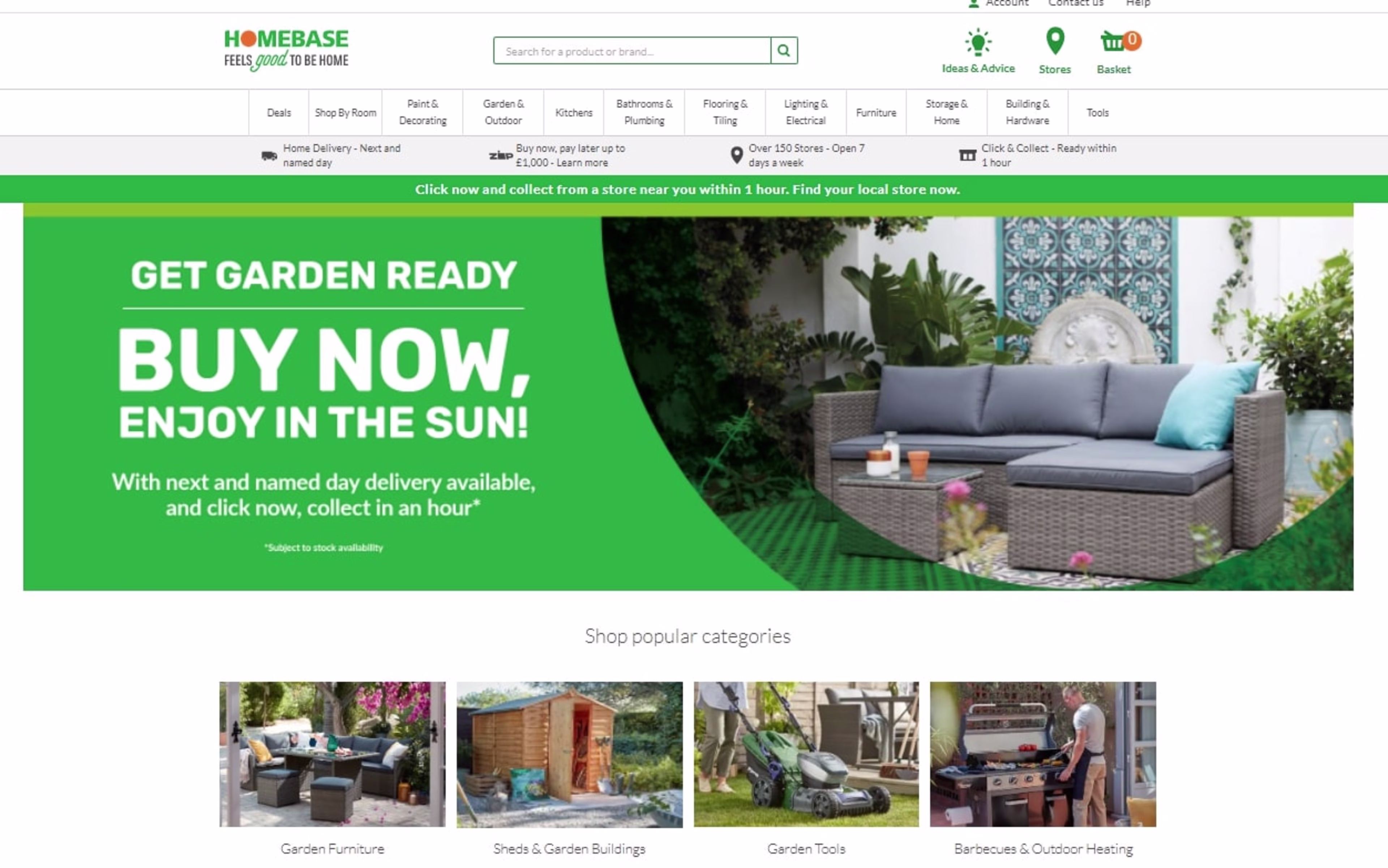 Homebase homepage showing garden furniture and other products
