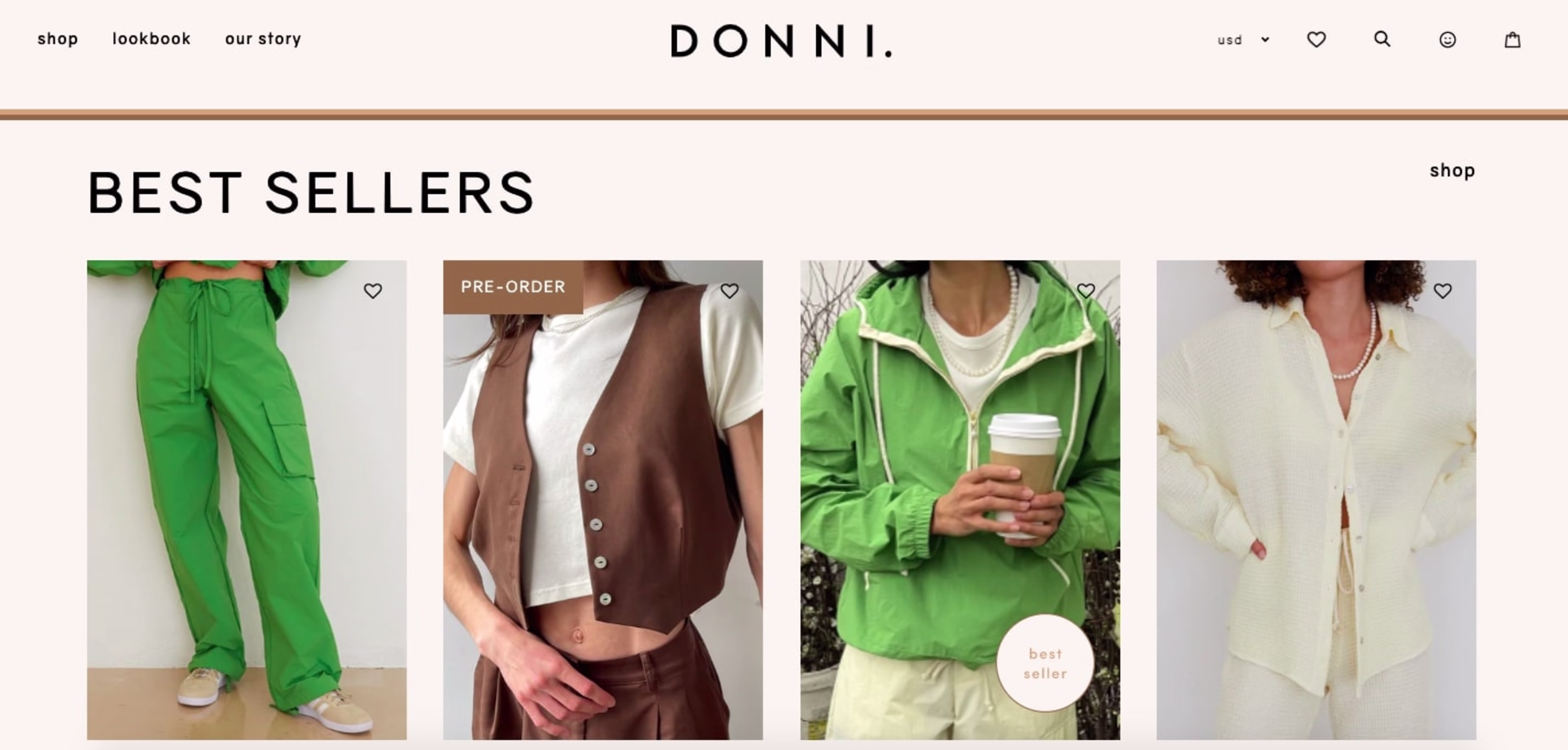 Screenshot of Donni-s homepage featuring white negative space