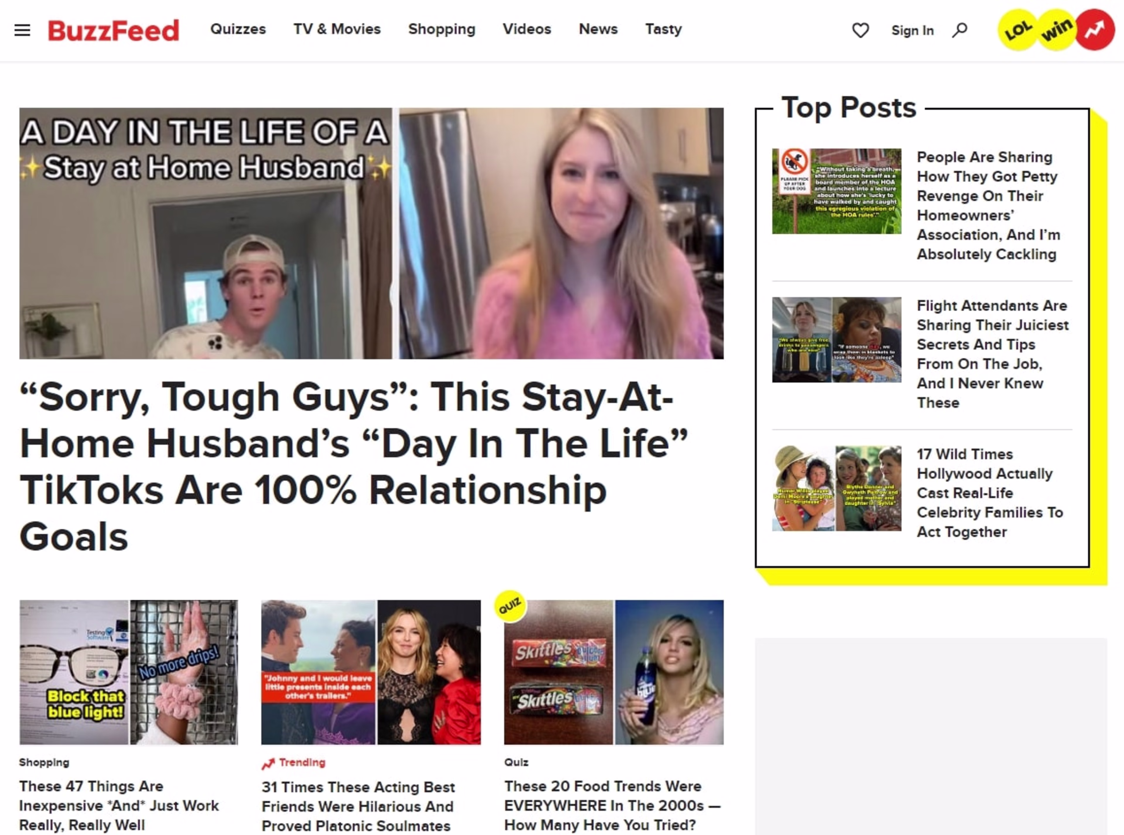 Buzzfeed homepage with news items