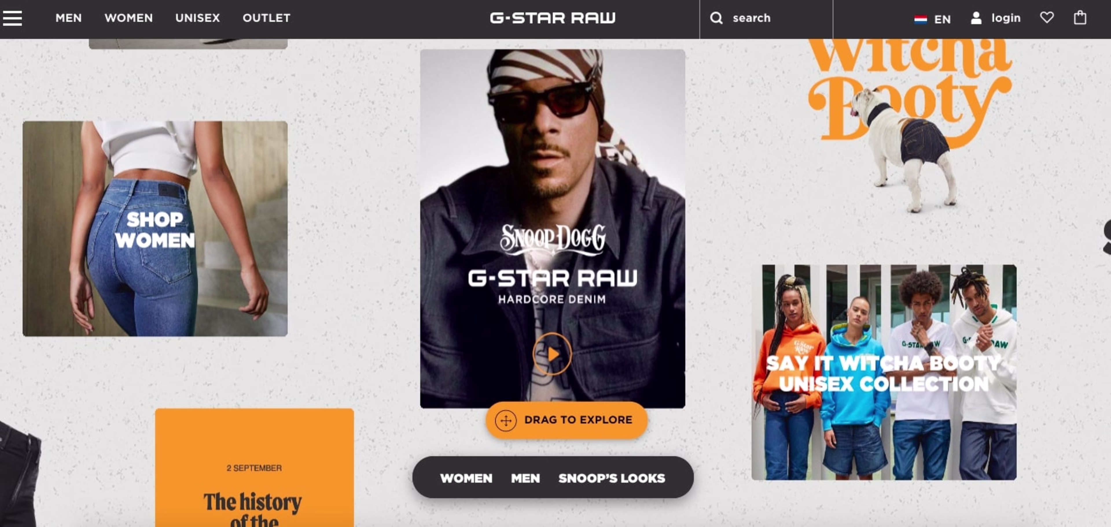Screenshot of the G Star Raw homepage showing a collage style interface
