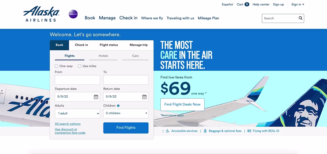 Example of Alaska Airlines- desktop site interface