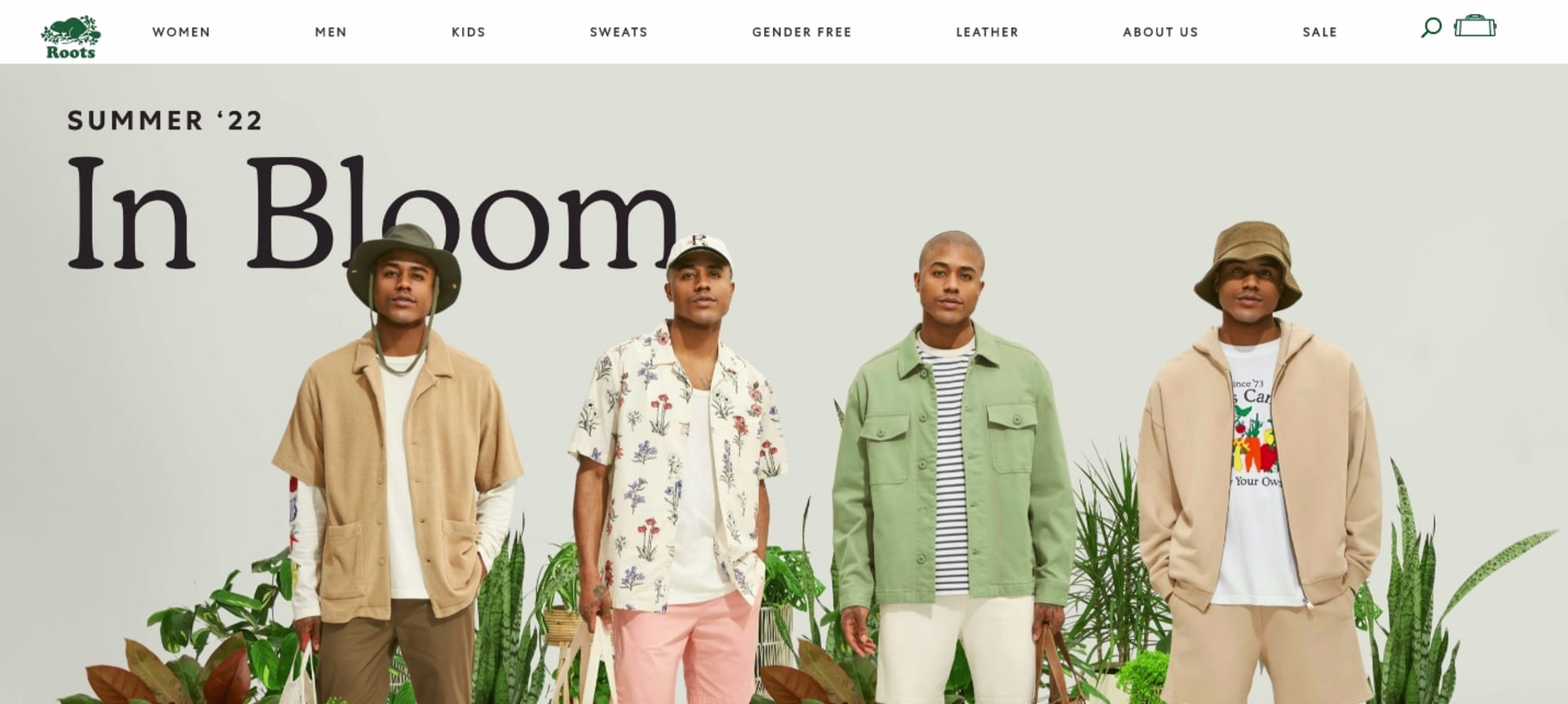 Screenshot of Roots homepage showing subtle oversized type