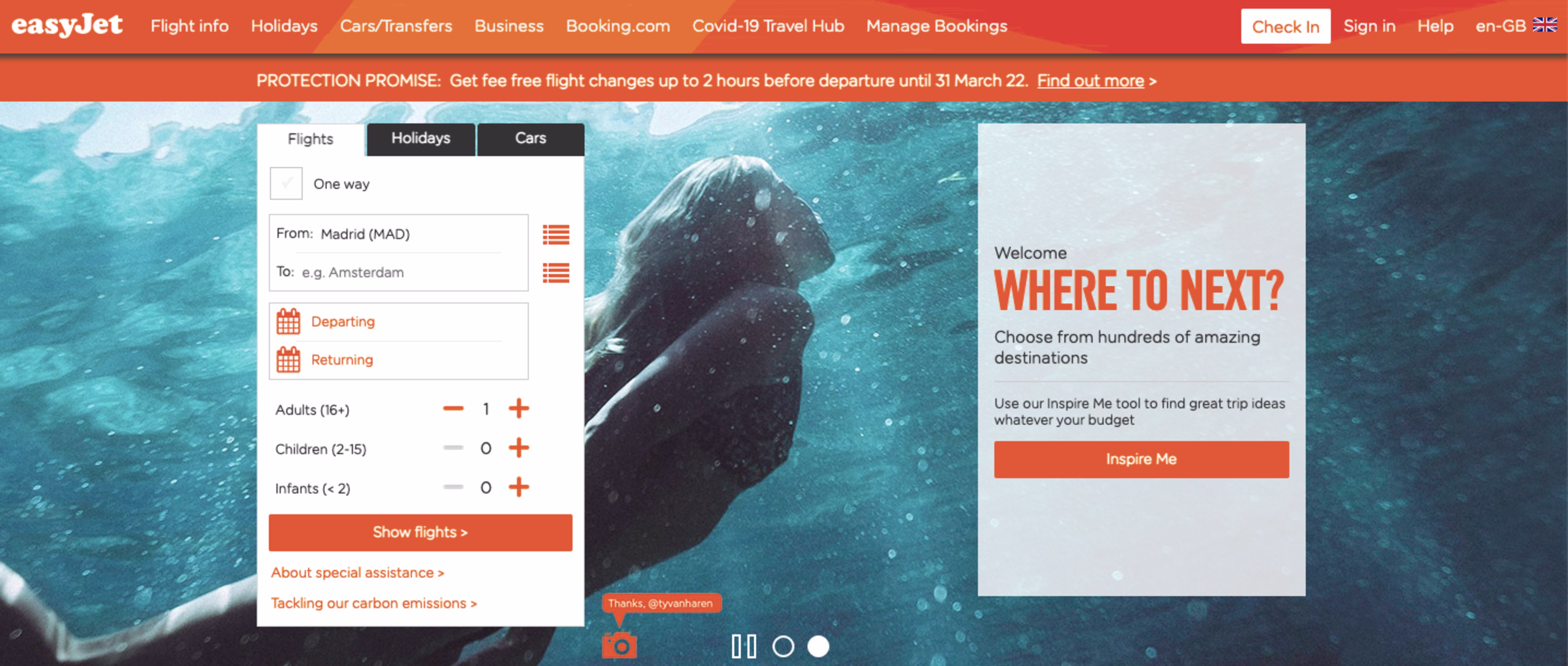 Easyjet’s homepage as of March 17th, 2022