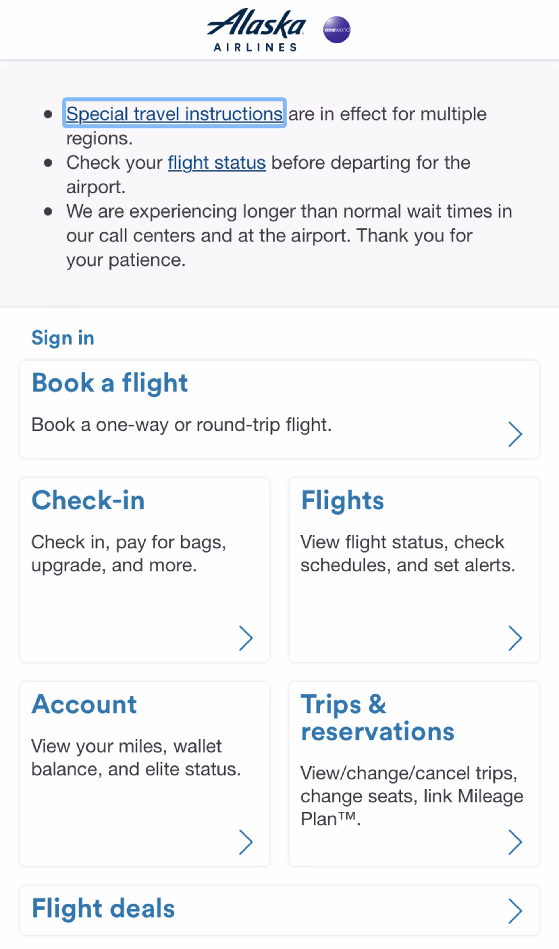 Example of Alaska Airlines- mobile site interface
