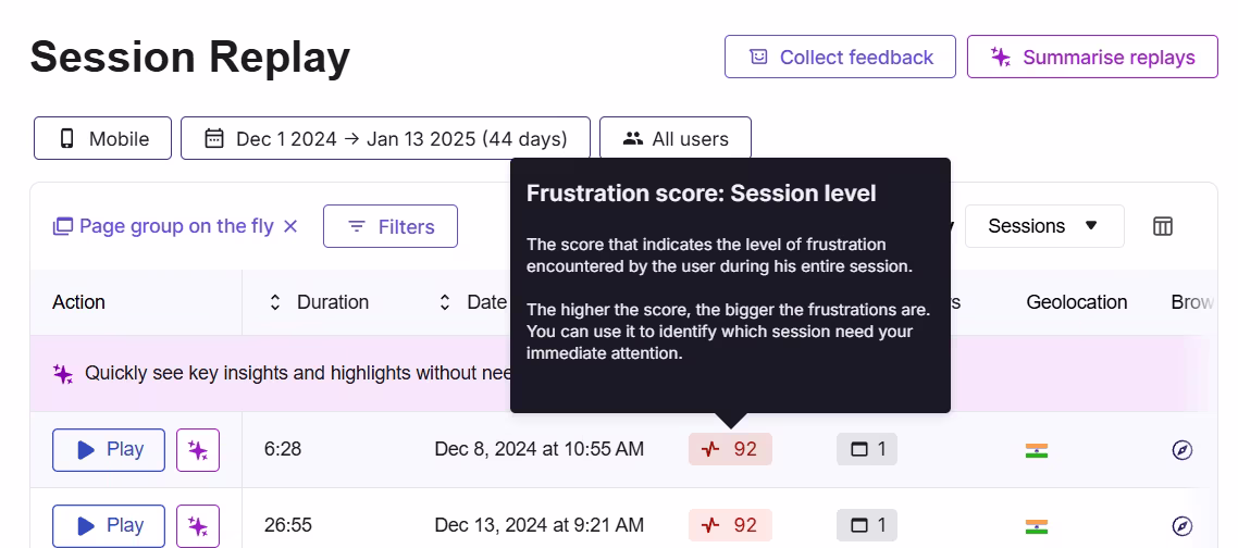 Visual - Frustration score session replay