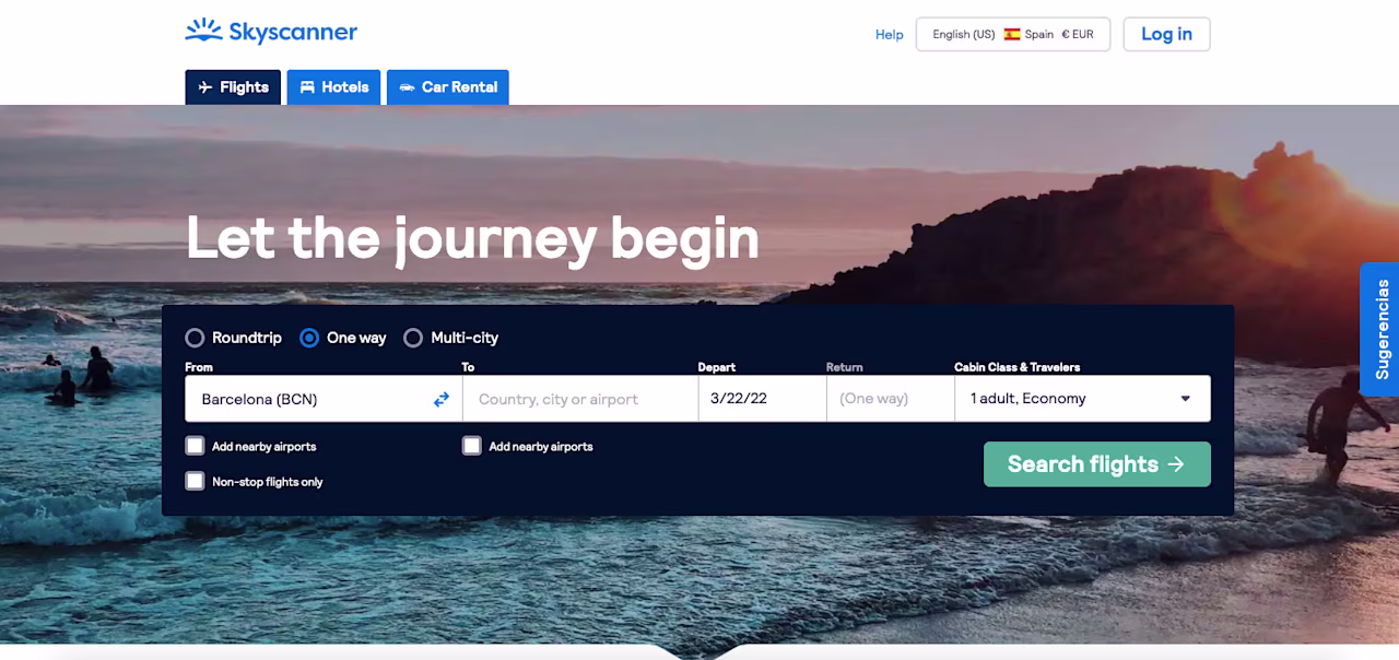 Skyscanner’s homepage as of March 17th, 2022