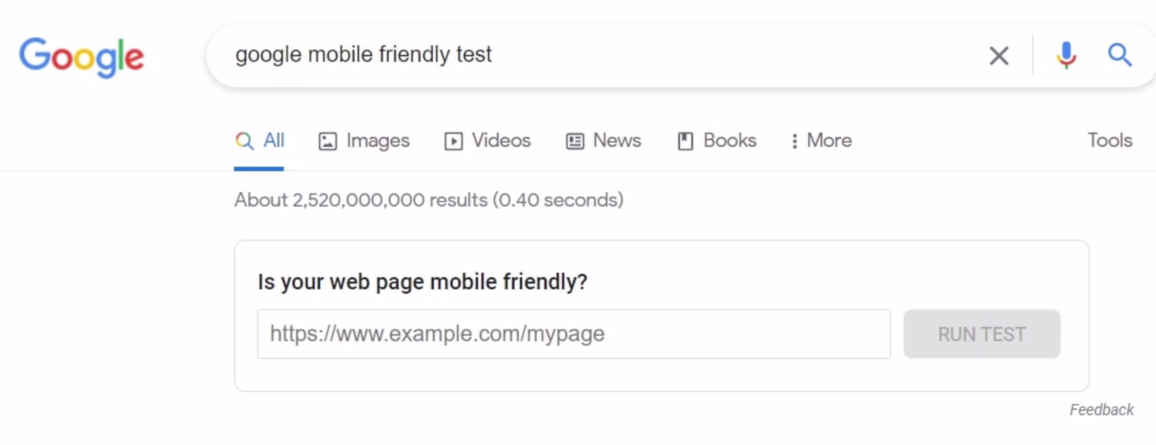 Google search result for Google Mobile Friendly Test page
