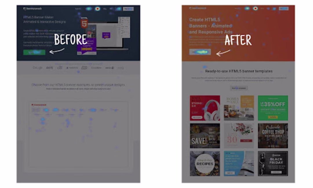 The before and after versions of the Bannersnack heatmap, after A/B testing