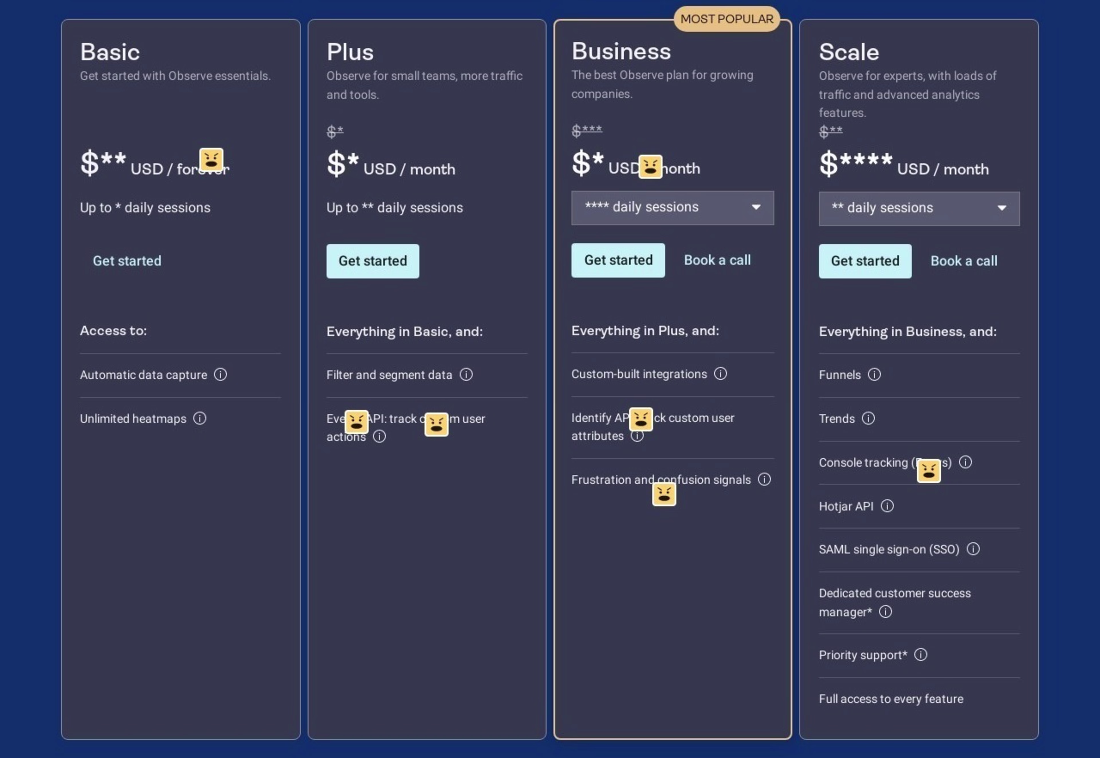 Rage click map - pricing - table