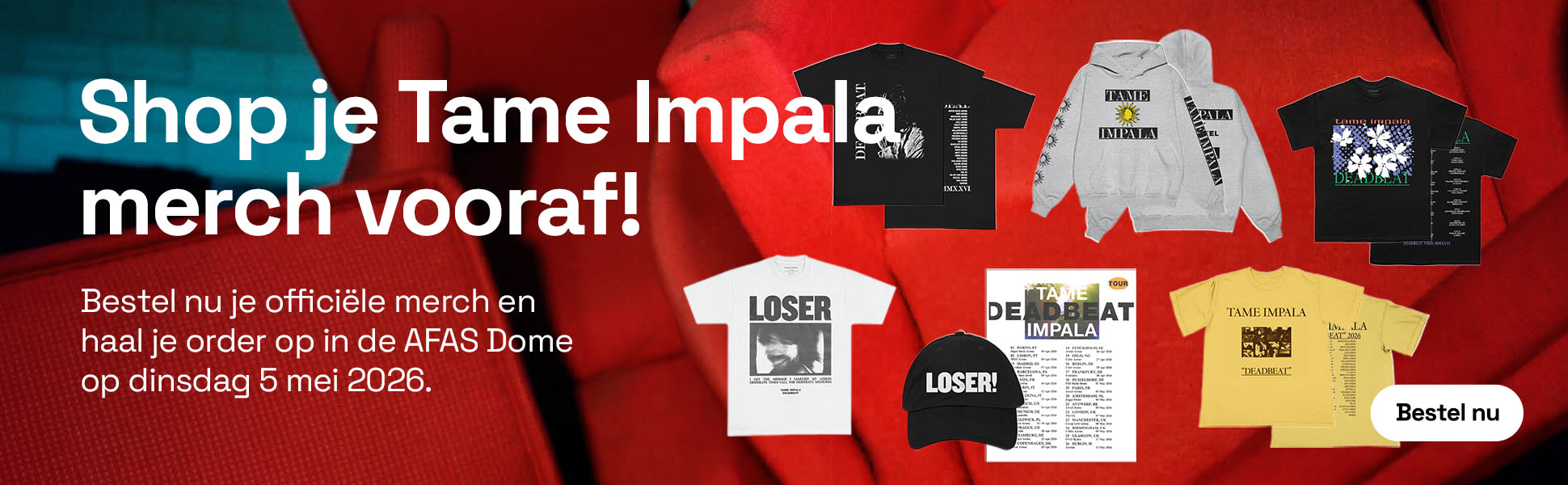 Banner met daarop de t-shirts, hoodies en petten die in de online shop worden verkocht.