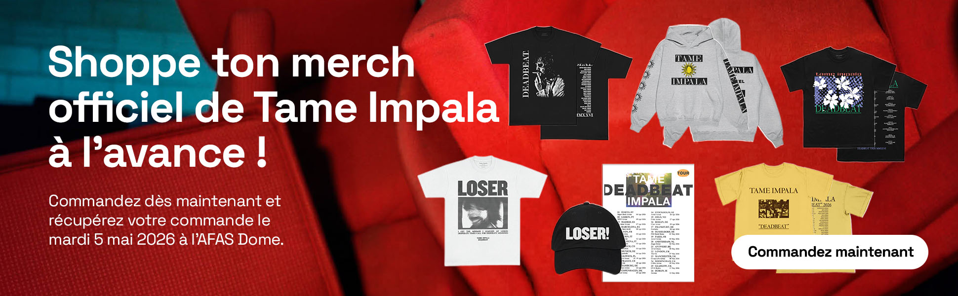 Bannière présentant les t-shirts, les sweats à capuche et les casquettes vendus dans la boutique en ligne.