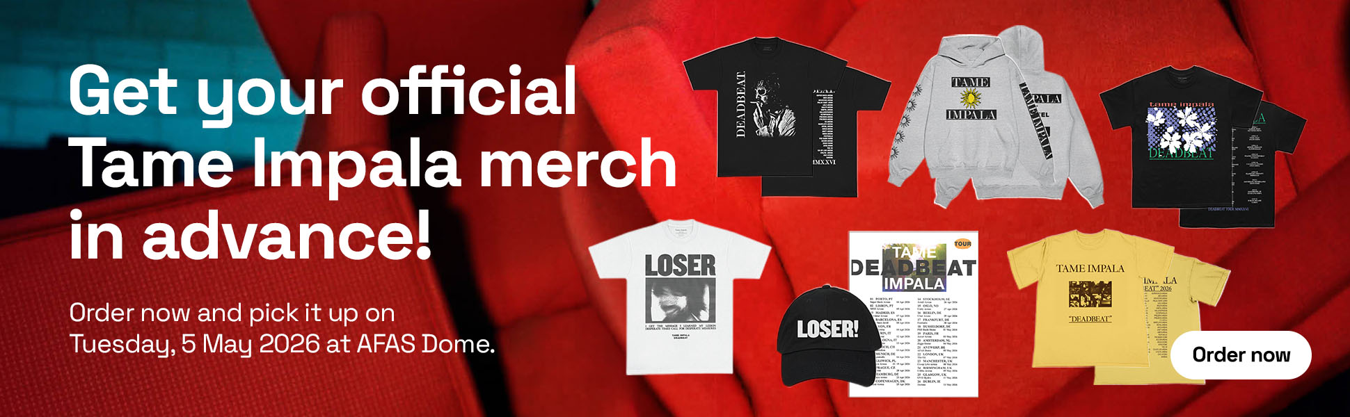A banner displaying the T-shirts, hoodies and caps sold in the online shop.