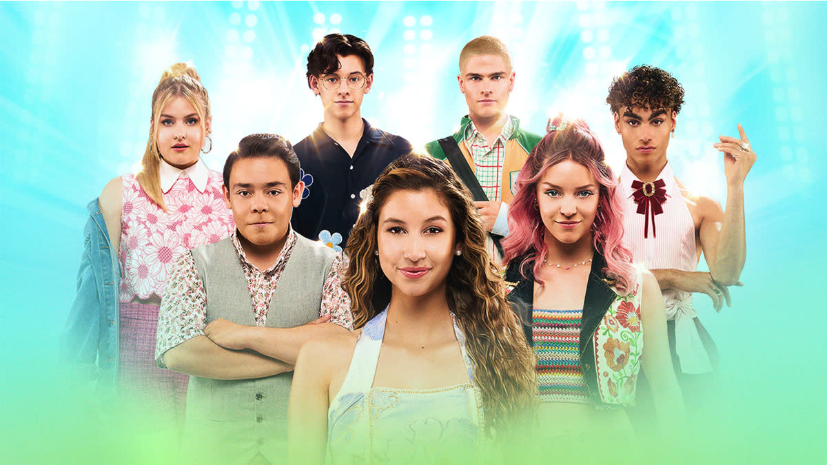 De zes hoofdspelers uit de #LikeMe-televisieserie 2026 in één beeld.