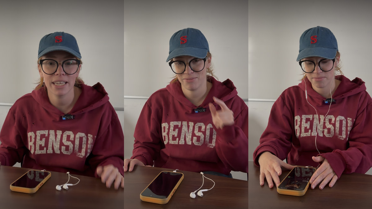 Drieluik van content creator Shary die via oortjes het nieuwe Tokio Hotel-album ‘ENCORE’ beluistert en haar reacties deelt.