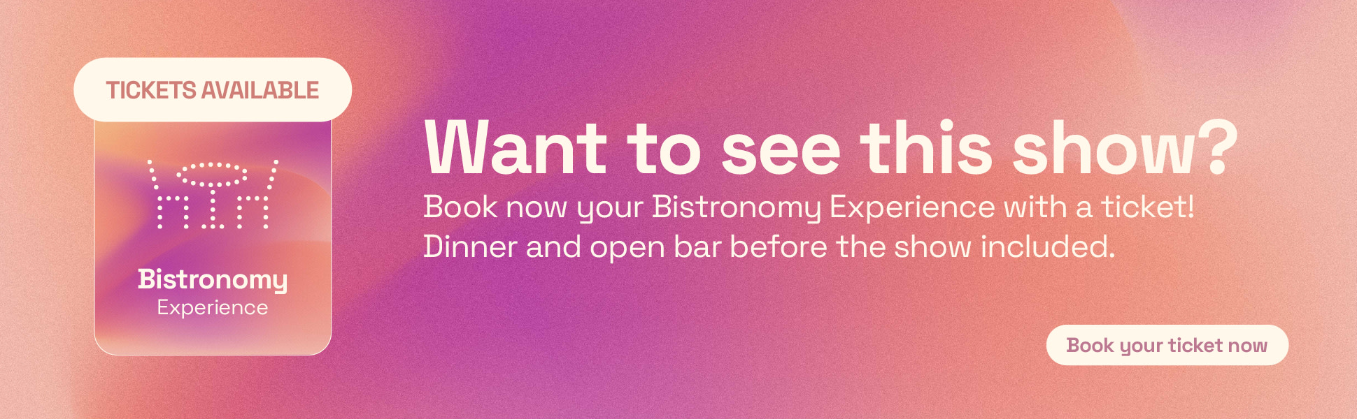 Bistronomy Experience banner with photo of dining guests and text "A culinary experience before the show at Forest National," including "Book your experience" button