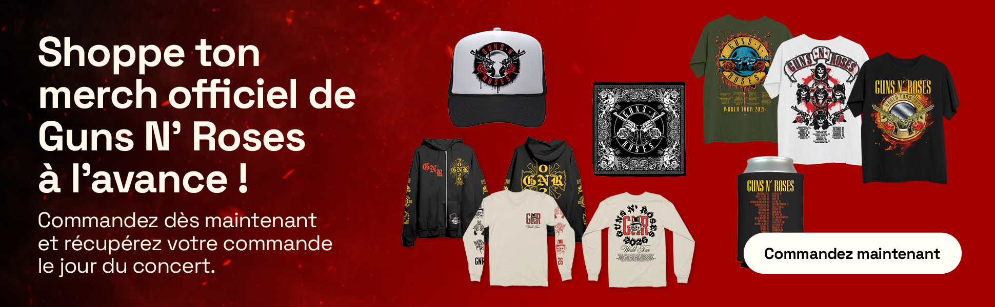Bannière présentant les t-shirts, les sweats à capuche et les casquettes vendus dans la boutique en ligne.
