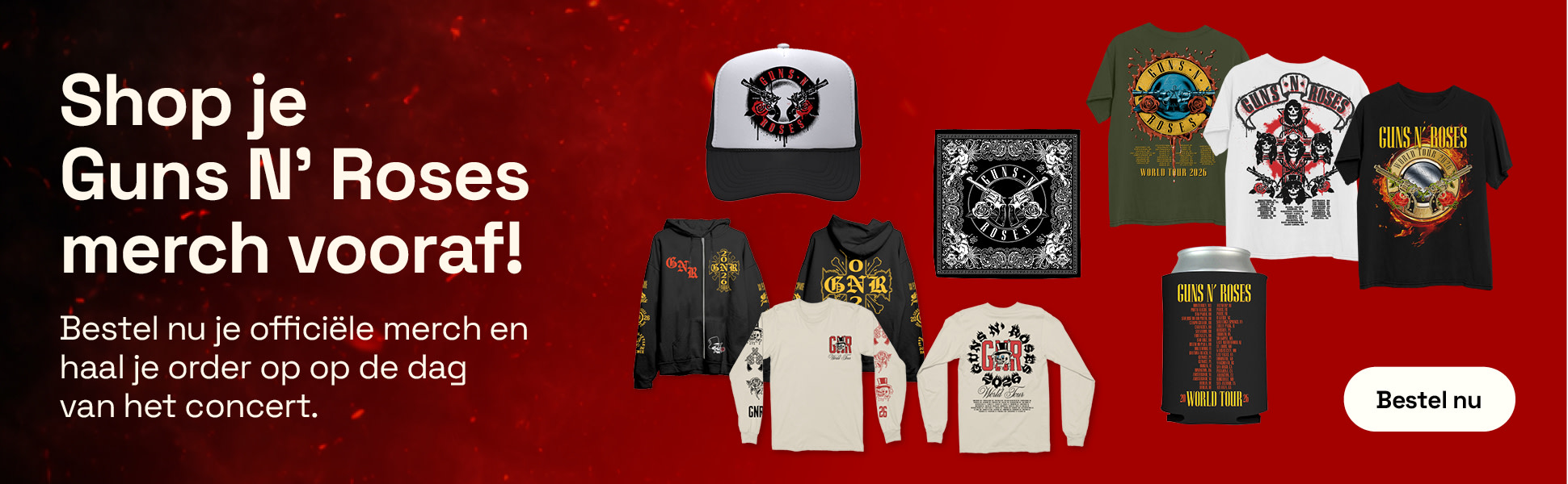 Banner met daarop de t-shirts, hoodies en petten die in de online shop worden verkocht.