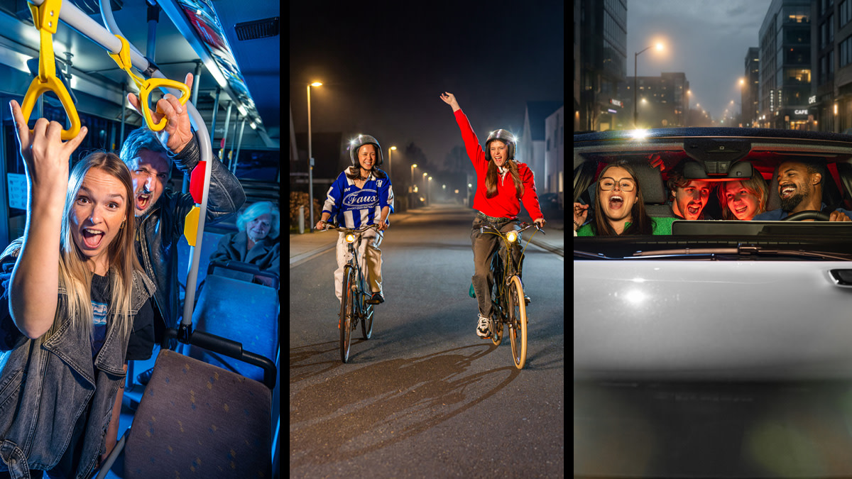 De drie campagnebeelden die be•at inzet om het openbaar vervoer, de fiets en P+R te promoten bij haar bezoekers.