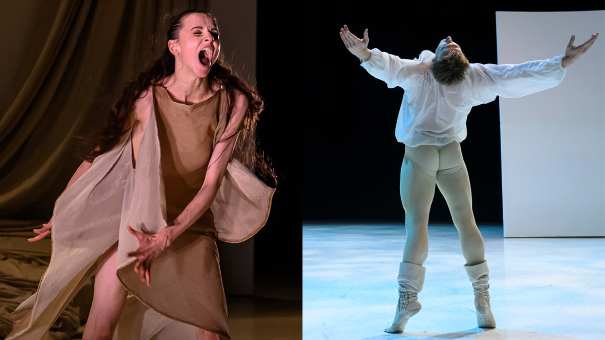 Twee dansers van het gezelschap Les Ballets de Monte-Carlo op het podium met 'Romeo & Julia'.