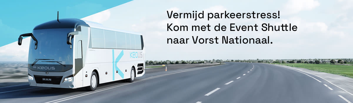 Een grote touringcar van Keolis. Daarnaast staat een tekst die luidt: "Vermijd parkeerstress! Kom met de Event Shuttle naar Vorst Nationaal."