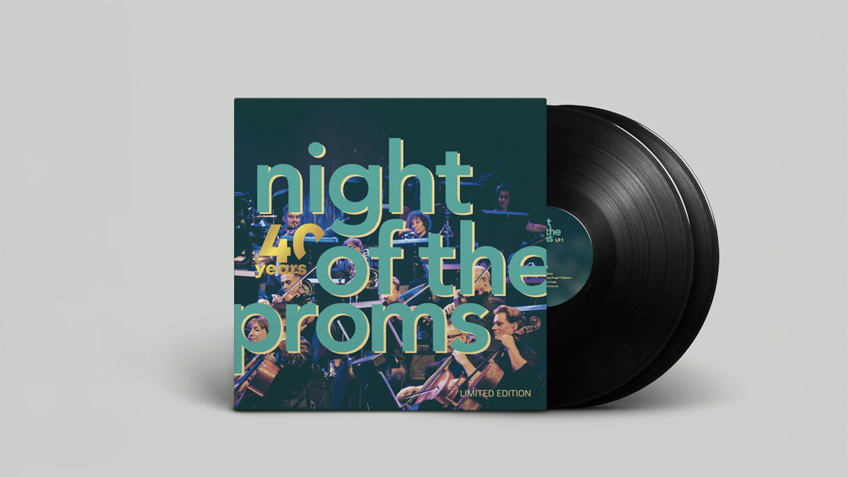 Afbeelding van de limited edition vinylplaat Night of the Proms – 40 years. Op de hoes staan muzikanten van het orkest in actie, met daarover grote typografie in blauwgroene tinten. De plaat viert het 40-jarig jubileum van het evenement.