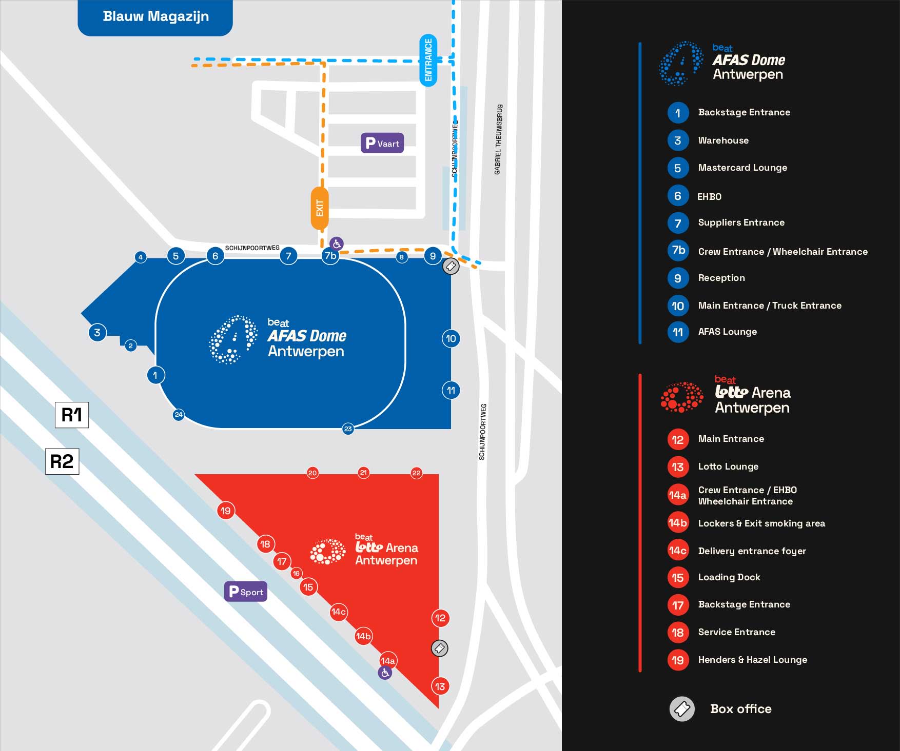 Een plattegrond toont de AFAS Dome Antwerpen in blauw en de Lotto Arena Antwerpen in rood. Verschillende genummerde ingangen en faciliteiten zijn aangegeven.
