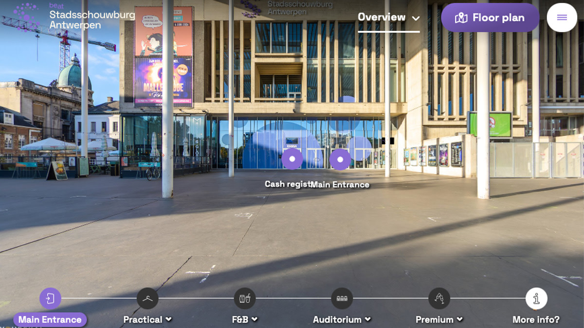 Het beeld toont het beginscherm van de 360°-toepassing met de hoofdingang van Stadsschouwburg Antwerpen.