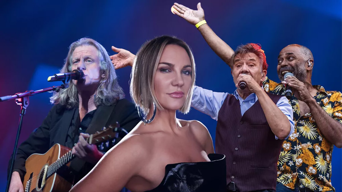Kate Ryan, Guy Swinnen van The Scabs en Bart Peeters en Ronny Mosuse van The Radio samen in één beeld.