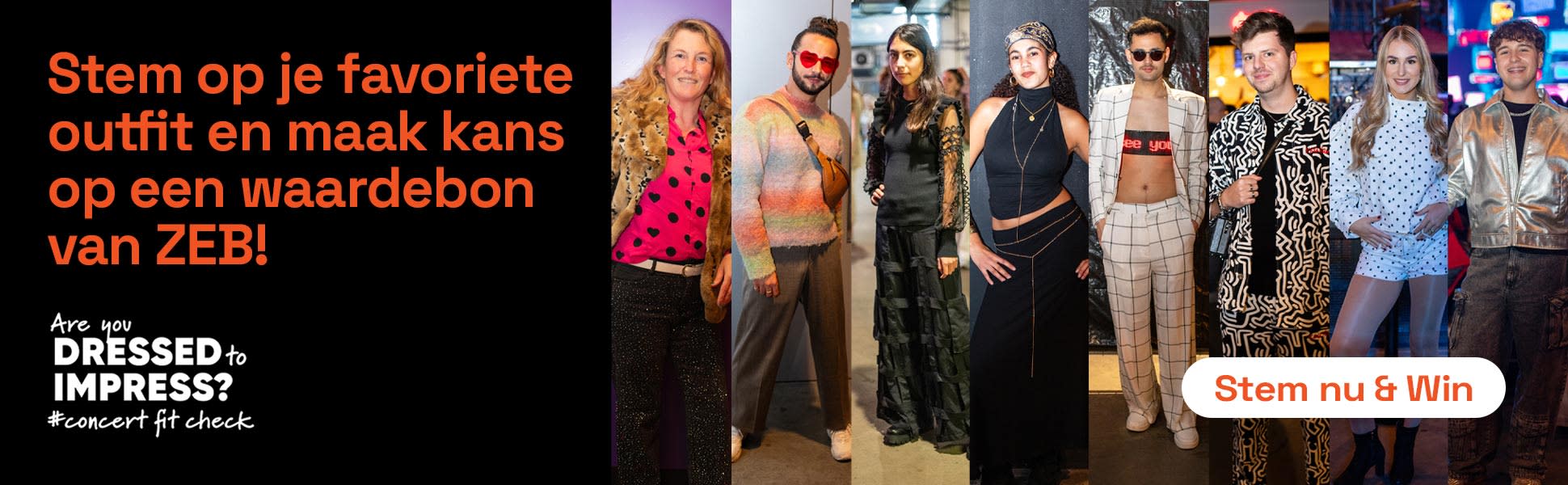 Alle kleurrijk geklede deelnemers aan de Concert fit check with ZEB letterlijk op een rijtje.