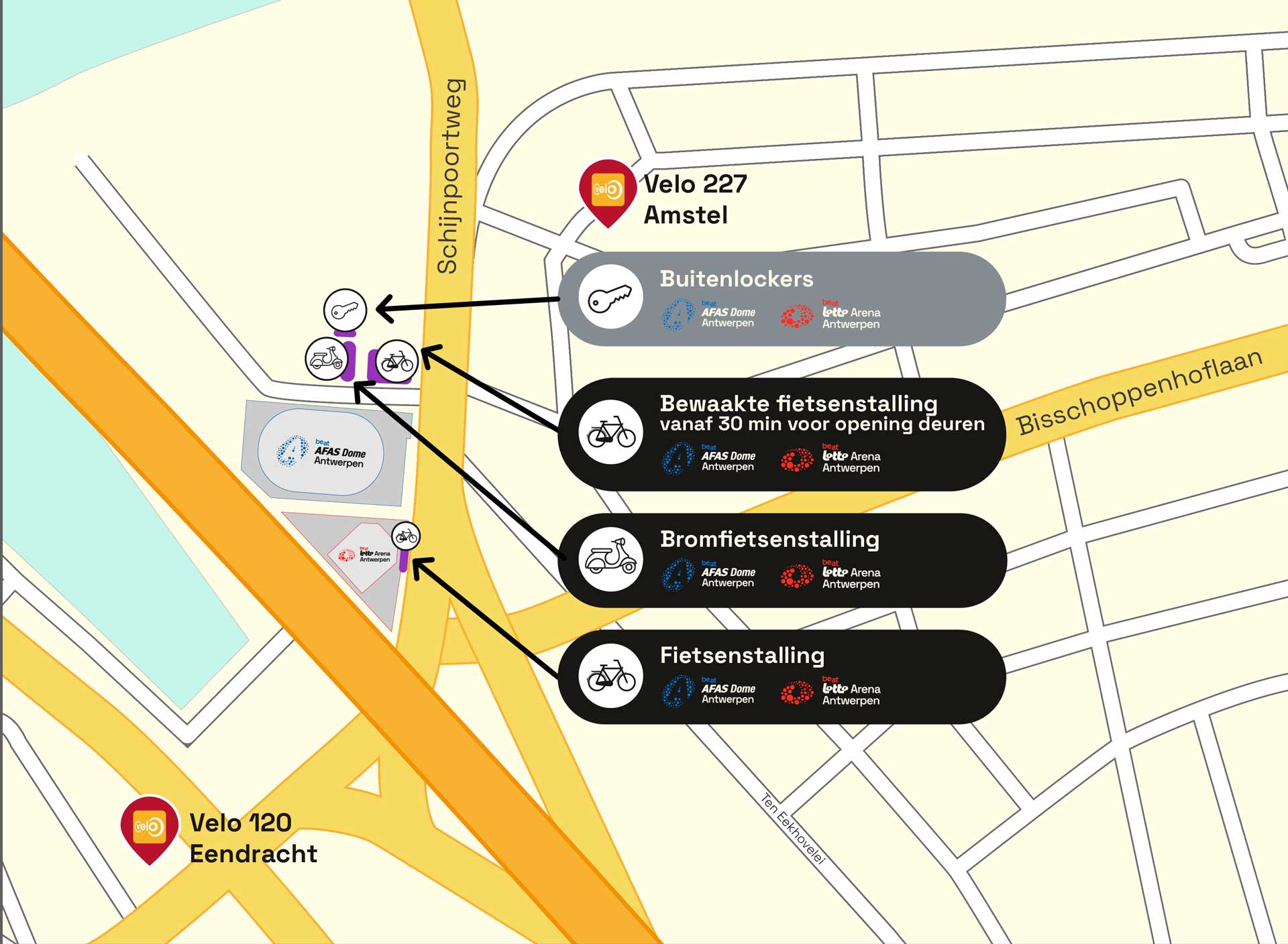 Plattegrond van de omgeving rond de AFAS Dome en Lotto Arena in Antwerpen met aanduiding van drie fietsenstallingen, waaronder bewaakte fietsenstalling, bromfietsenstalling en fietsenstalling, met pijlen en straatnamen.