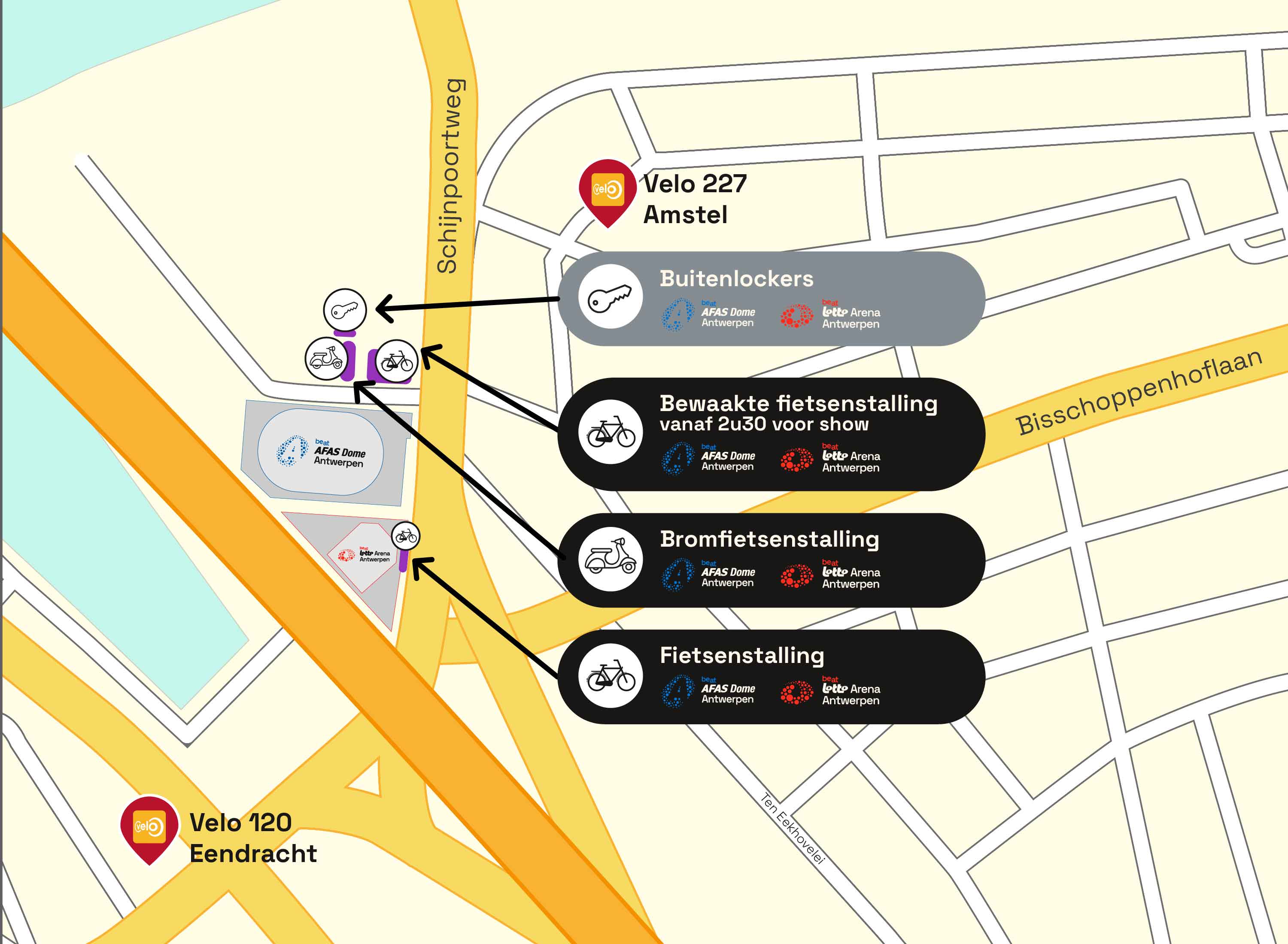 Plattegrond van de omgeving rond de AFAS Dome en Lotto Arena in Antwerpen met aanduiding van drie fietsenstallingen, waaronder bewaakte fietsenstalling, bromfietsenstalling en fietsenstalling, met pijlen en straatnamen.