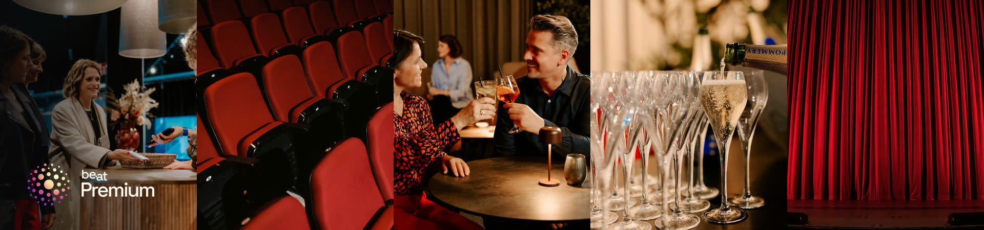 Logo be•at Premium à côté d'un collage de cinq images : accueil, sièges de théâtre rouges, invités portant un toast, flûtes de champagne et un rideau de théâtre rouge