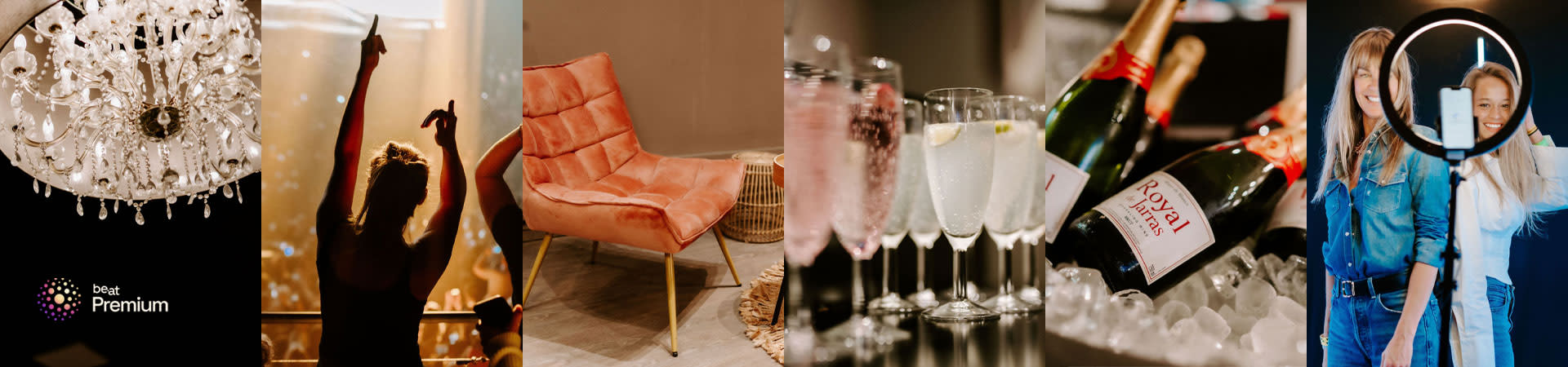 Atmospheric collage of premium experiences: an elegant chandelier, a visitor enjoying a live show, a stylish lounge chair, champagne glasses on ice, and guests taking photos under a ring light.