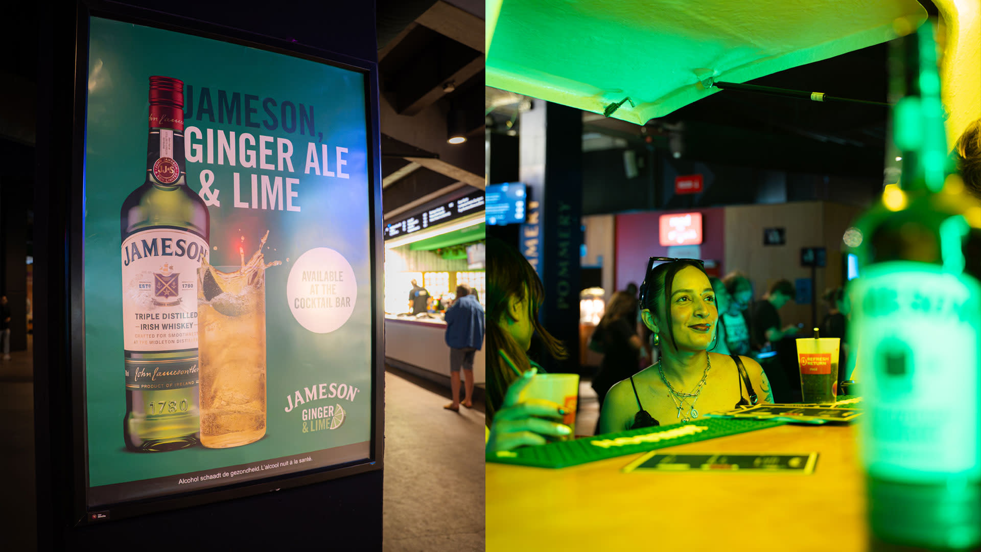 Branding Jameson à l'AFAS Dome avec un écran publicitaire numérique et un bar à cocktails aux couleurs de la marque, où les visiteurs découvrent l'univers Jameson lors d'une activation sur site intégrée.
