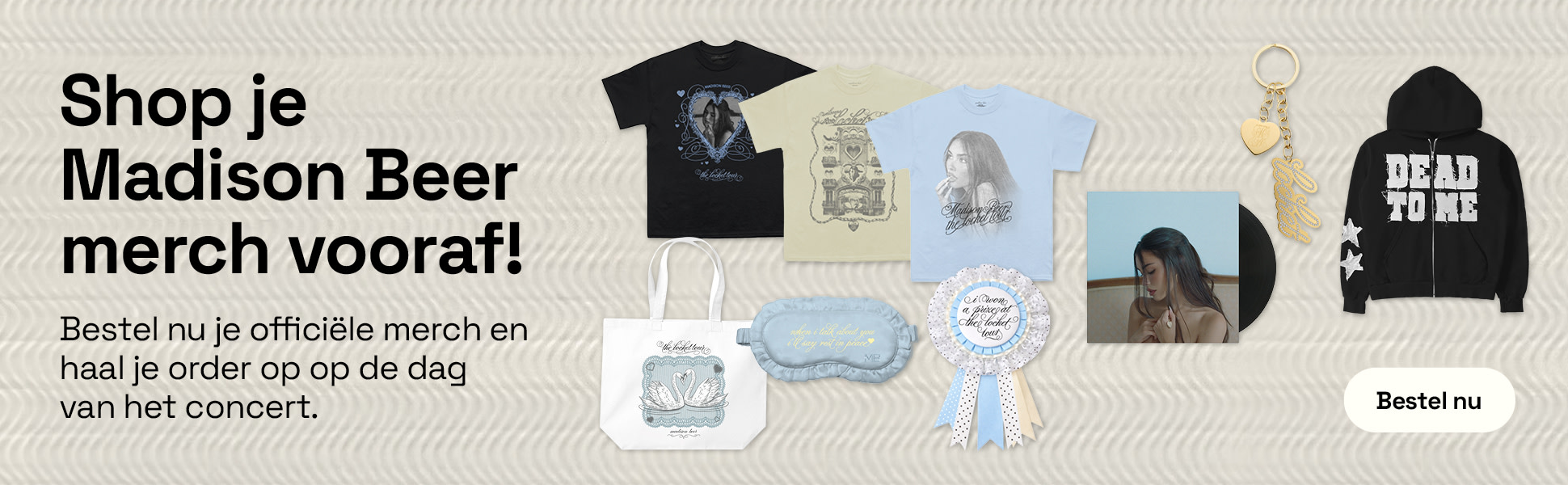 Banner met verschillende items uit de webshop van Madison Beer.
