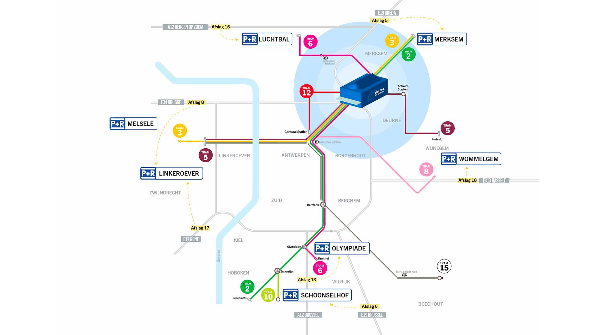 Une carte d'Anvers montre les parkings relais et les lignes de tram menant à l’AFAS Dome.