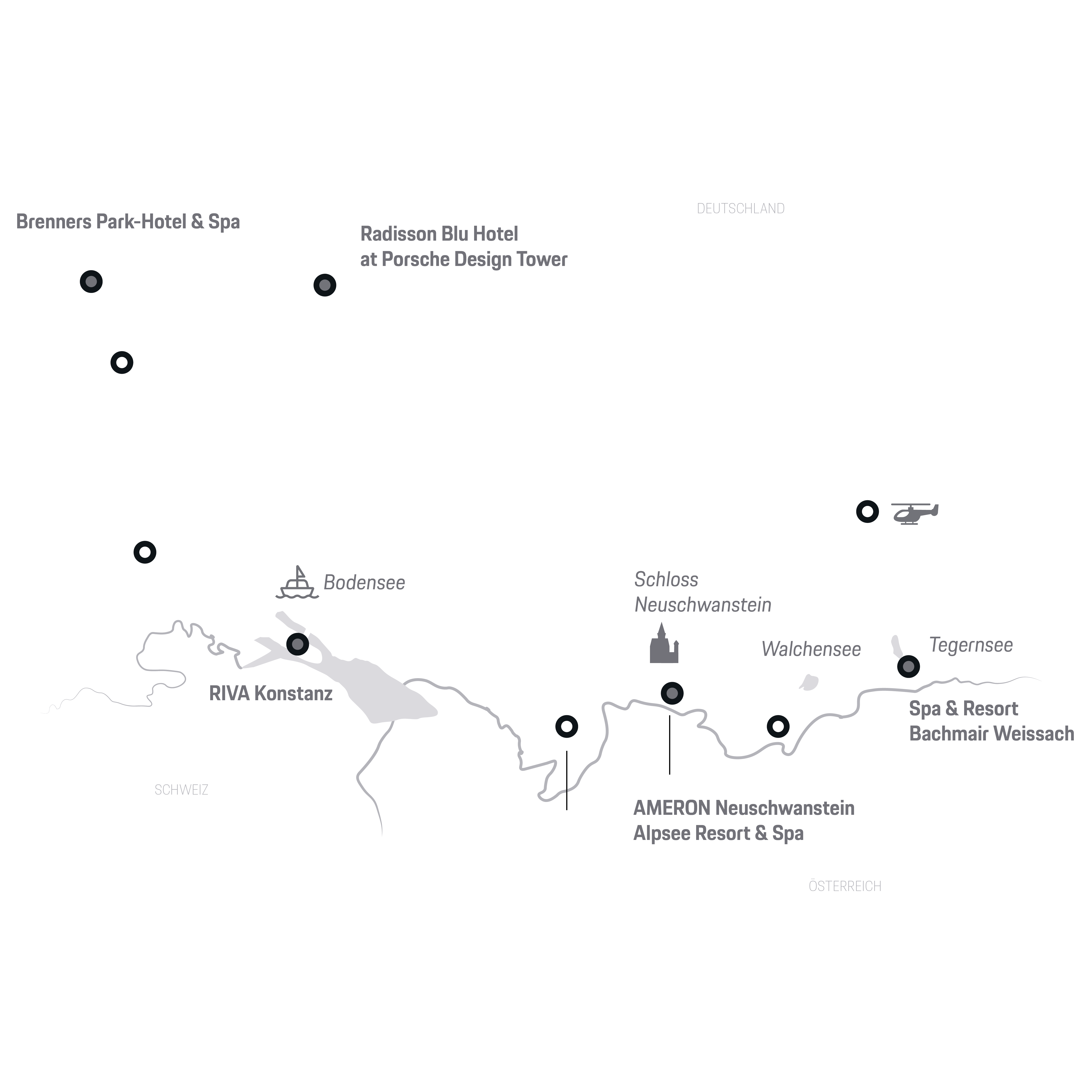 Karte Süddeutschlands mit Hotels, Bodensee und Schloss Neuschwanstein.
