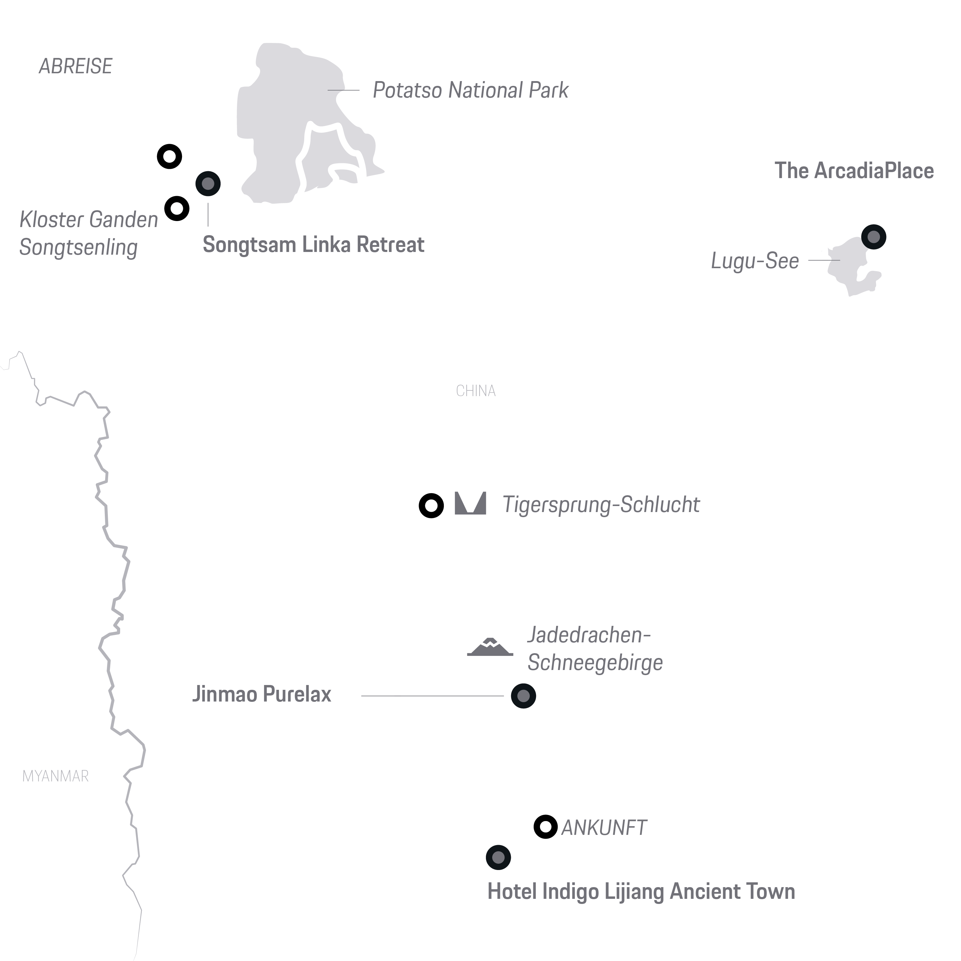 Karte von Yunnan mit Hotels, Sehenswürdigkeiten, Route Lijiang-Shangri-La.