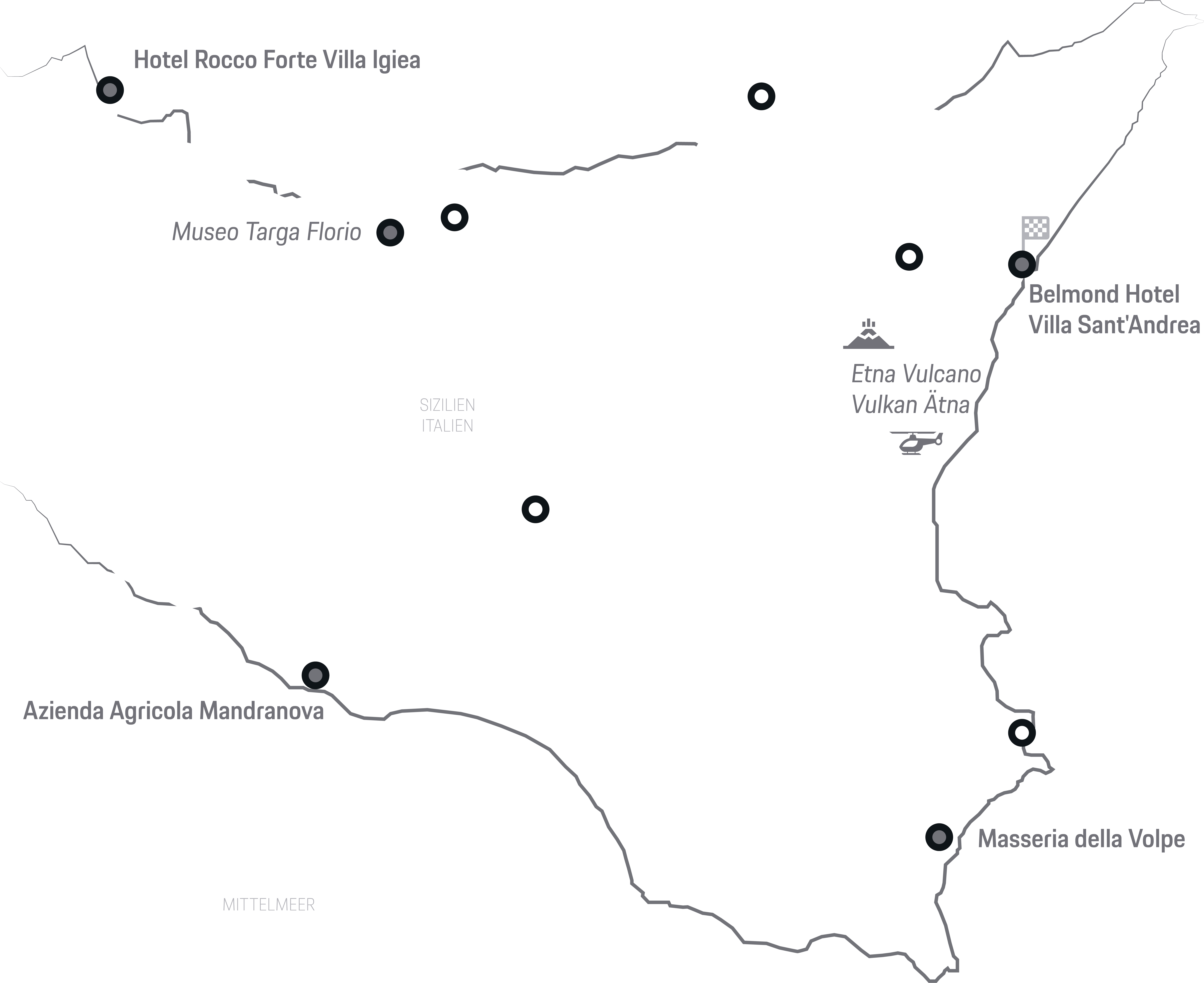 Landkarte von Sizilien mit Hotels, Museum, Weingut, Vulkan, Städten und beschrifteten Routen.