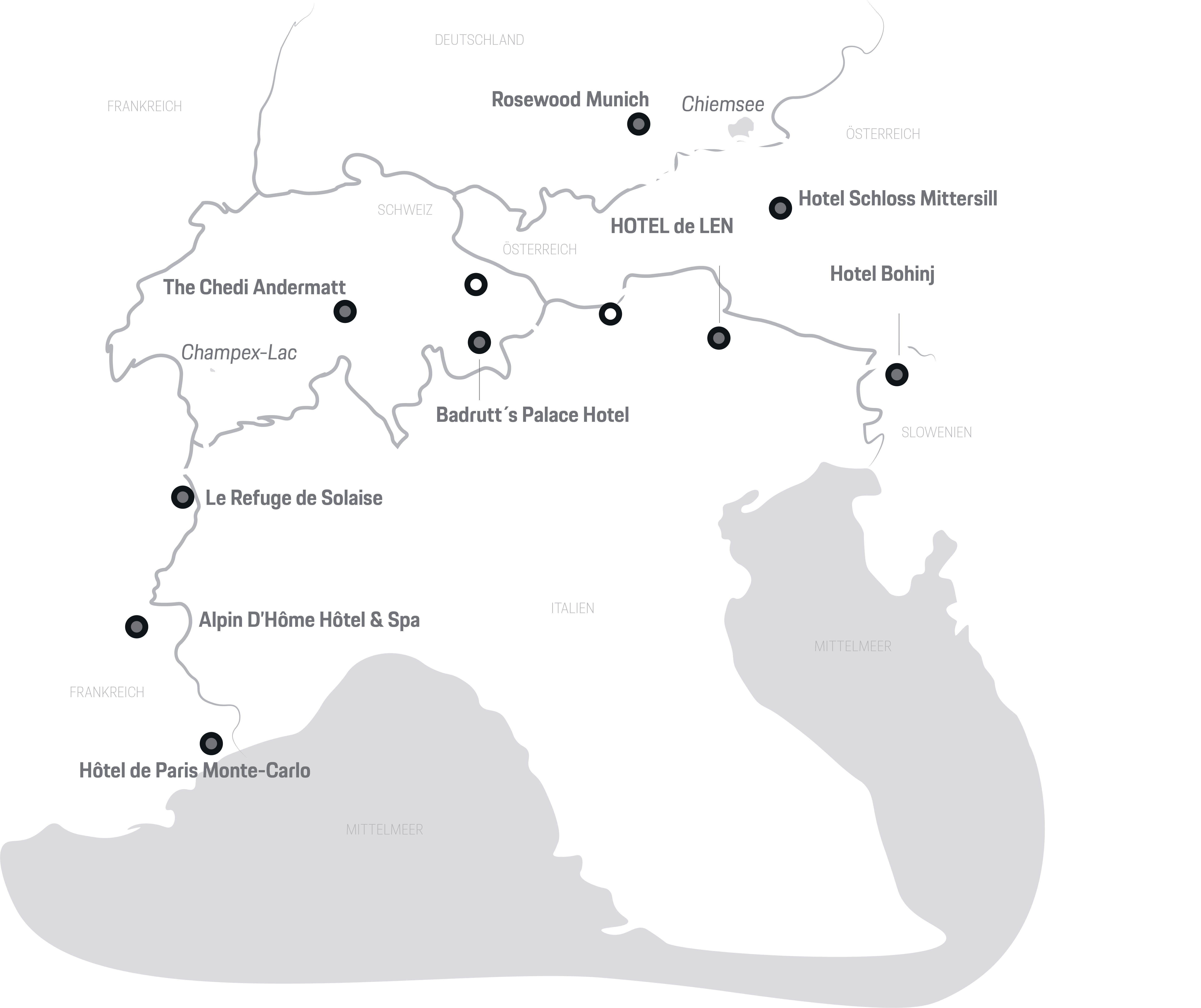 Karte von Luxushotels in Frankreich, Schweiz, Deutschland, Österreich, Slowenien & Italien.