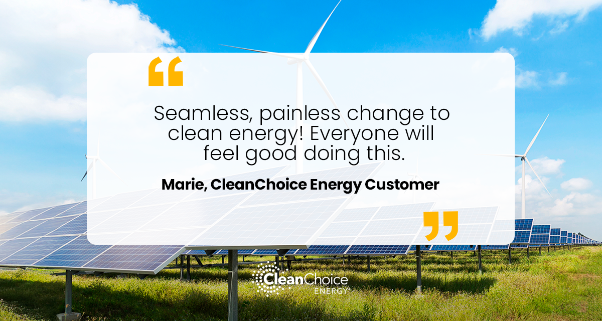 CleanChoice Energy review from a customer. "Seamless, painless change to clean energy! Everyone will feel good doing this." –Marie
