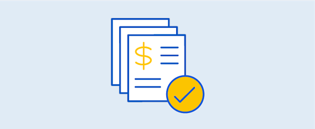 An illustration of documents with a dollar sign and a checkmark symbol, suggesting financial approval or loan documentation.